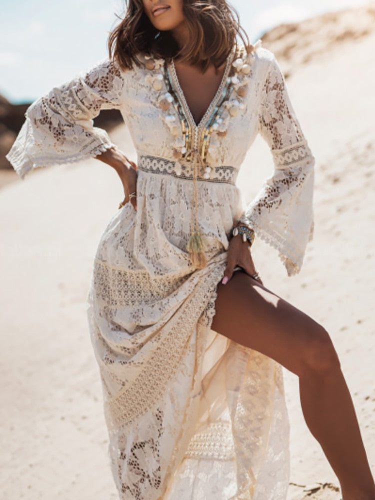 Vestido maxi para mujer con encaje floral