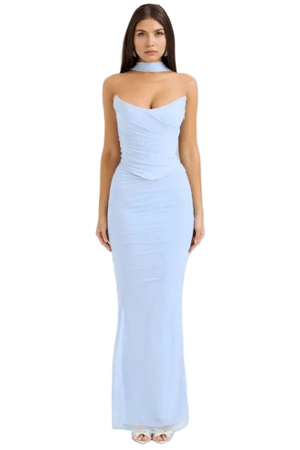 Vestido maxi para mujer sin tirantes con malla fruncida