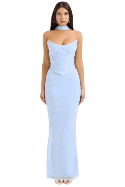 Vestido maxi para mujer sin tirantes con malla fruncida