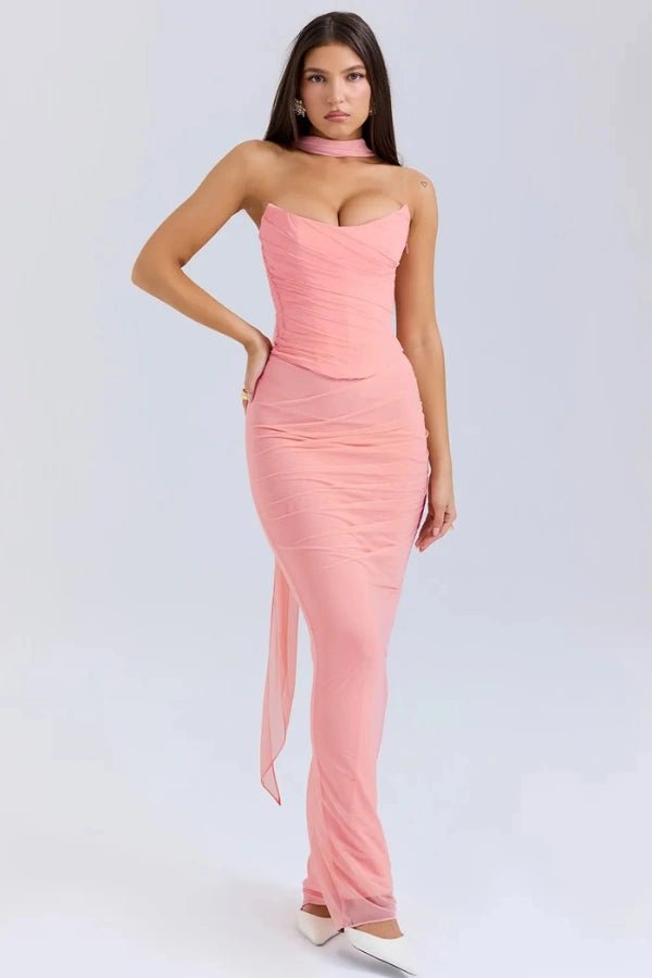 Vestido maxi para mujer sin tirantes con malla fruncida