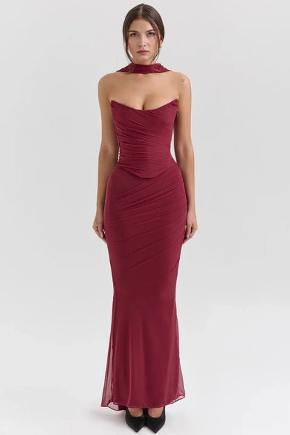 Vestido maxi para mujer sin tirantes con malla fruncida