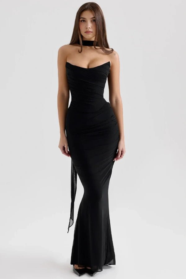 Vestido maxi para mujer sin tirantes con malla fruncida