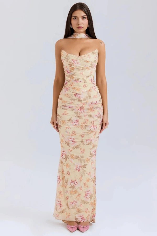 Vestido maxi para mujer sin tirantes con malla fruncida