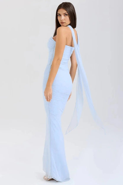 Vestido maxi para mujer sin tirantes con malla fruncida