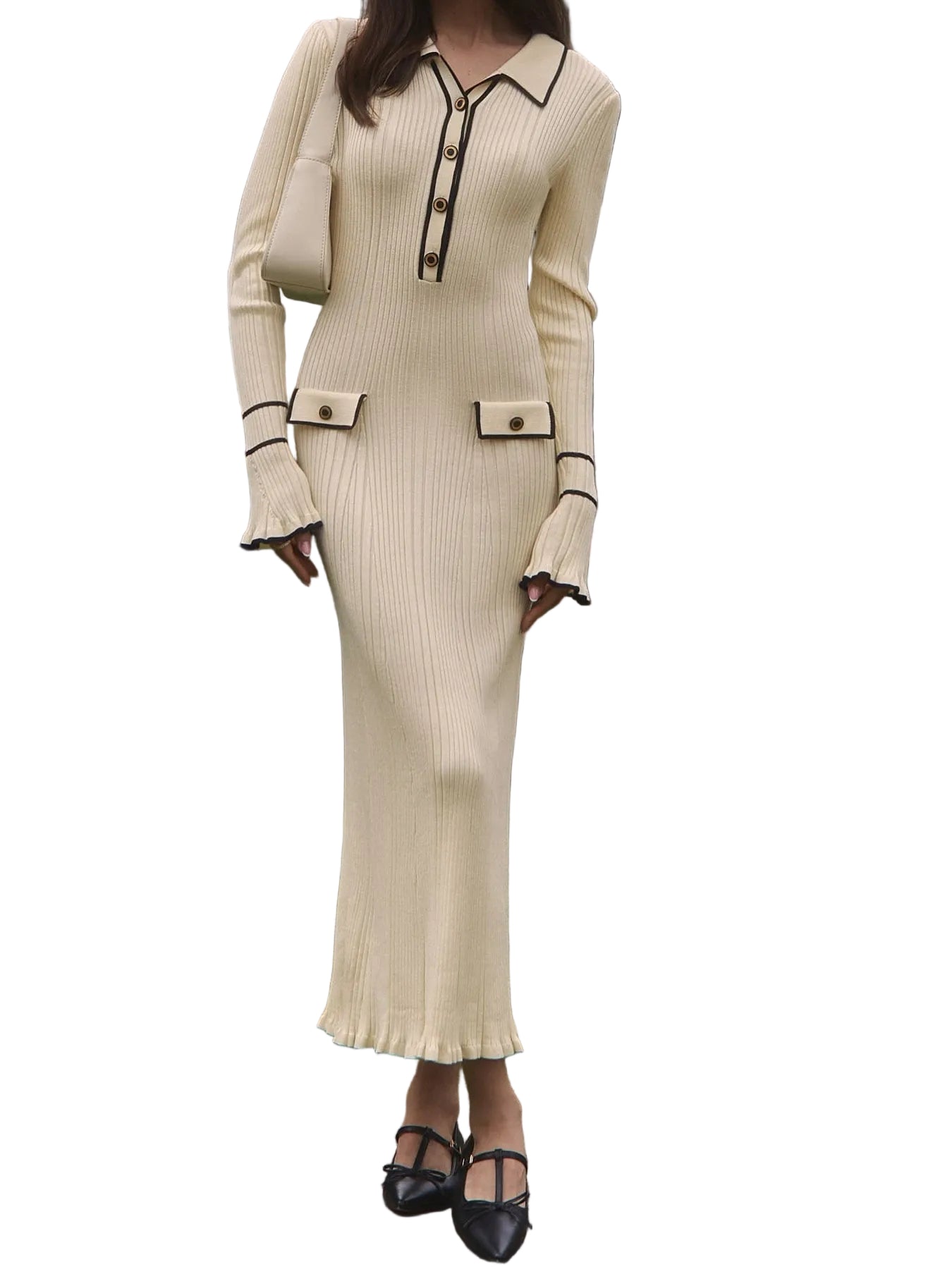 Vestido midi acanalado para mujer con ribete en contraste