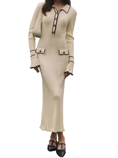 Vestido midi acanalado para mujer con ribete en contraste