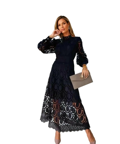 Vestido midi de encaje para mujer con cuello alto