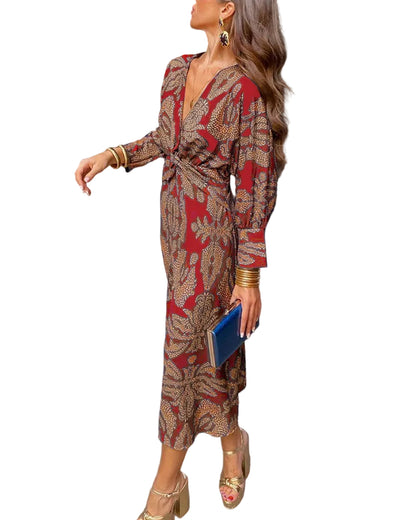 Vestido midi estampado para mujer con nudo en la cintura