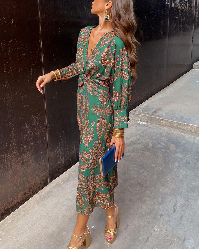 Vestido midi estampado para mujer con nudo en la cintura