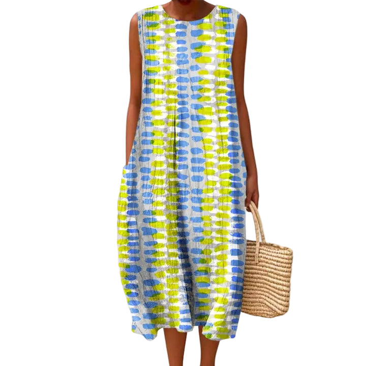 Vestido midi estampado sin mangas para mujer con bolsillos laterales