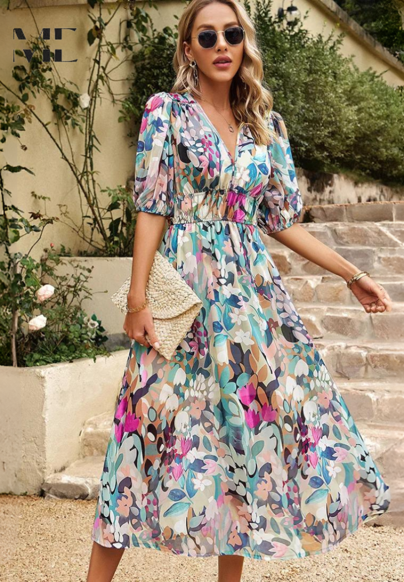 Vestidos invitada boda - diseño midi estampado con escote en V y mangas abullonadas