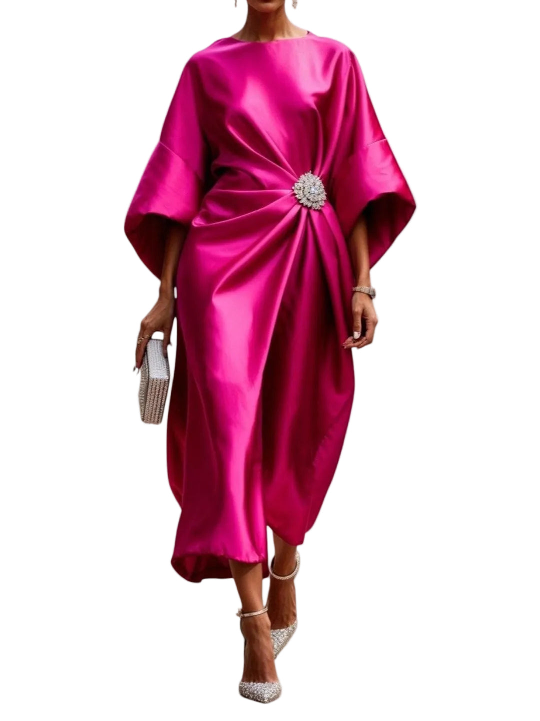 Vestido midi para mujer con escote redondo y mangas anchas