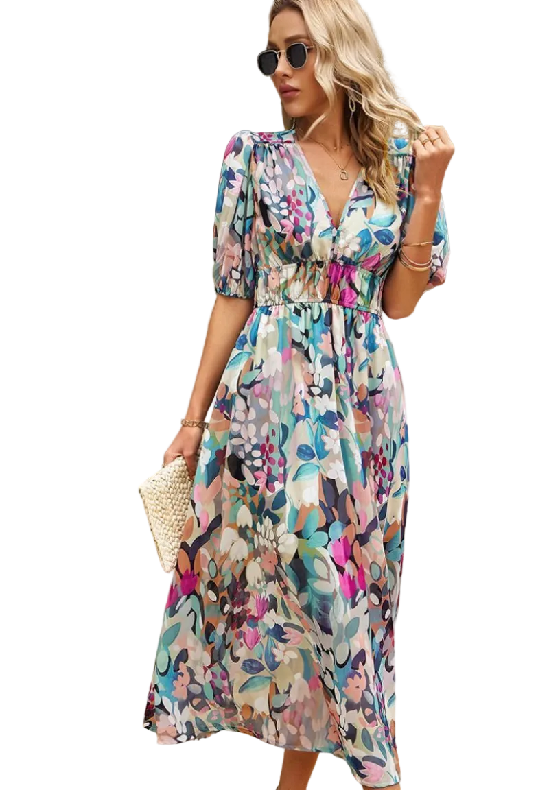 Vestido midi para mujer con estampado y mangas abullonadas