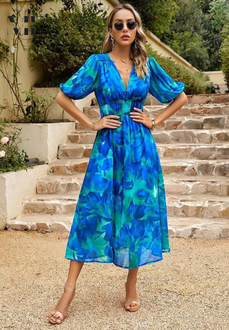 Vestido midi para mujer con estampado y mangas abullonadas