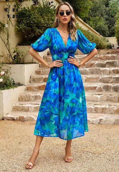 Vestido midi para mujer con estampado y mangas abullonadas