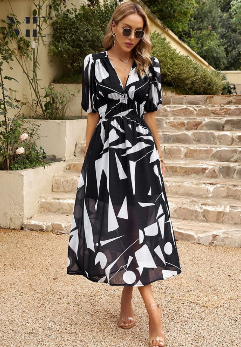 Vestido midi para mujer con estampado y mangas abullonadas