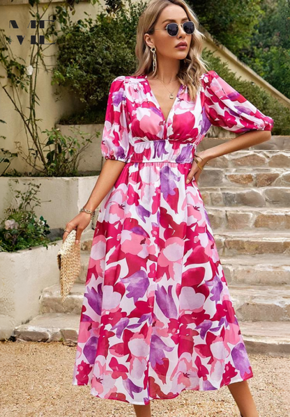 Vestido midi para mujer con estampado y mangas abullonadas