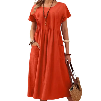 Vestido midi para mujer de manga corta con bolsillos de parche