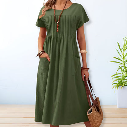 Vestido midi para mujer de manga corta con bolsillos de parche