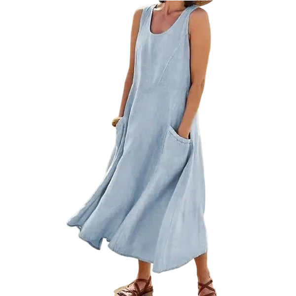 Vestido midi para mujer sin mangas con bolsillos de parche