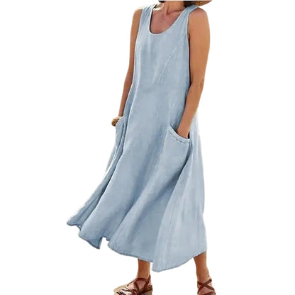 Vestido midi para mujer sin mangas con bolsillos de parche