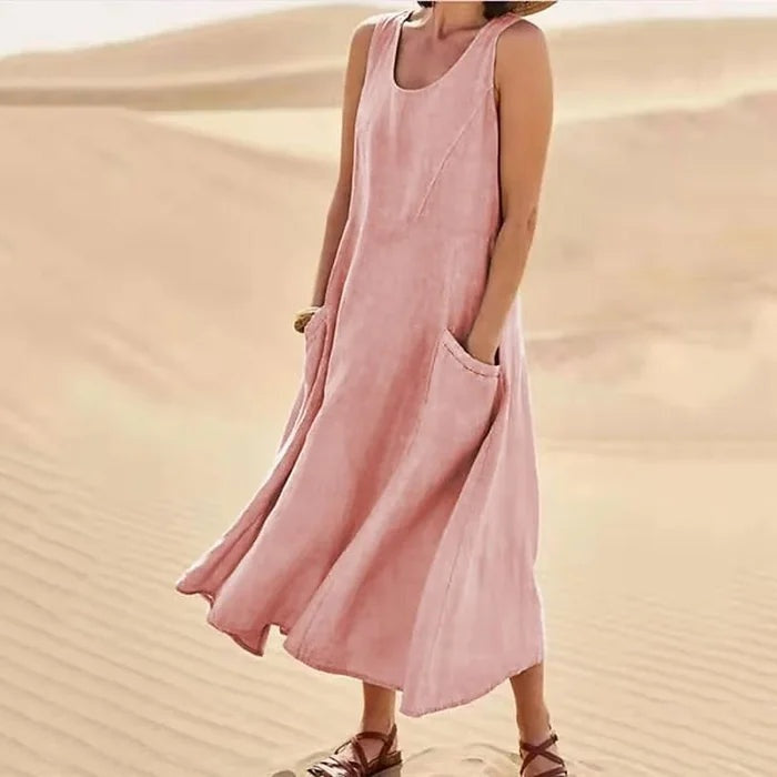 Vestido midi para mujer sin mangas con bolsillos de parche