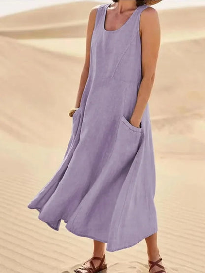 Vestido midi para mujer sin mangas con bolsillos de parche