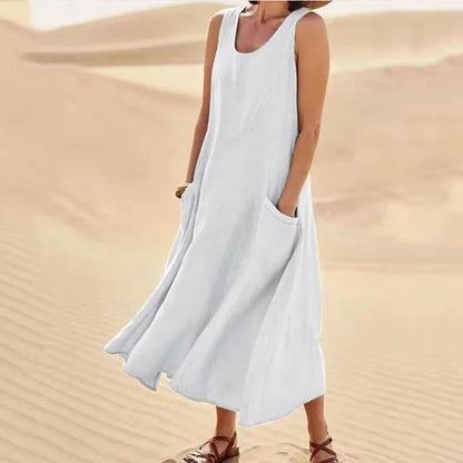 Vestido midi para mujer sin mangas con bolsillos de parche