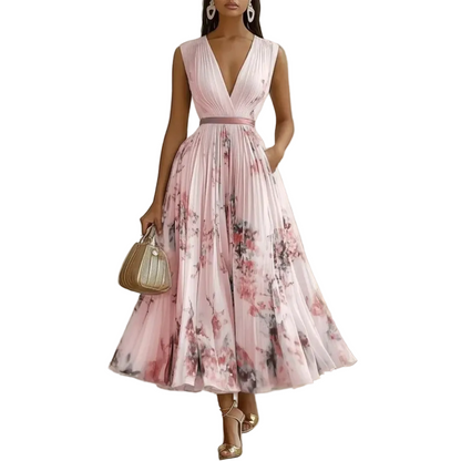 Vestido midi para mujer sin mangas con pliegues y estampado floral
