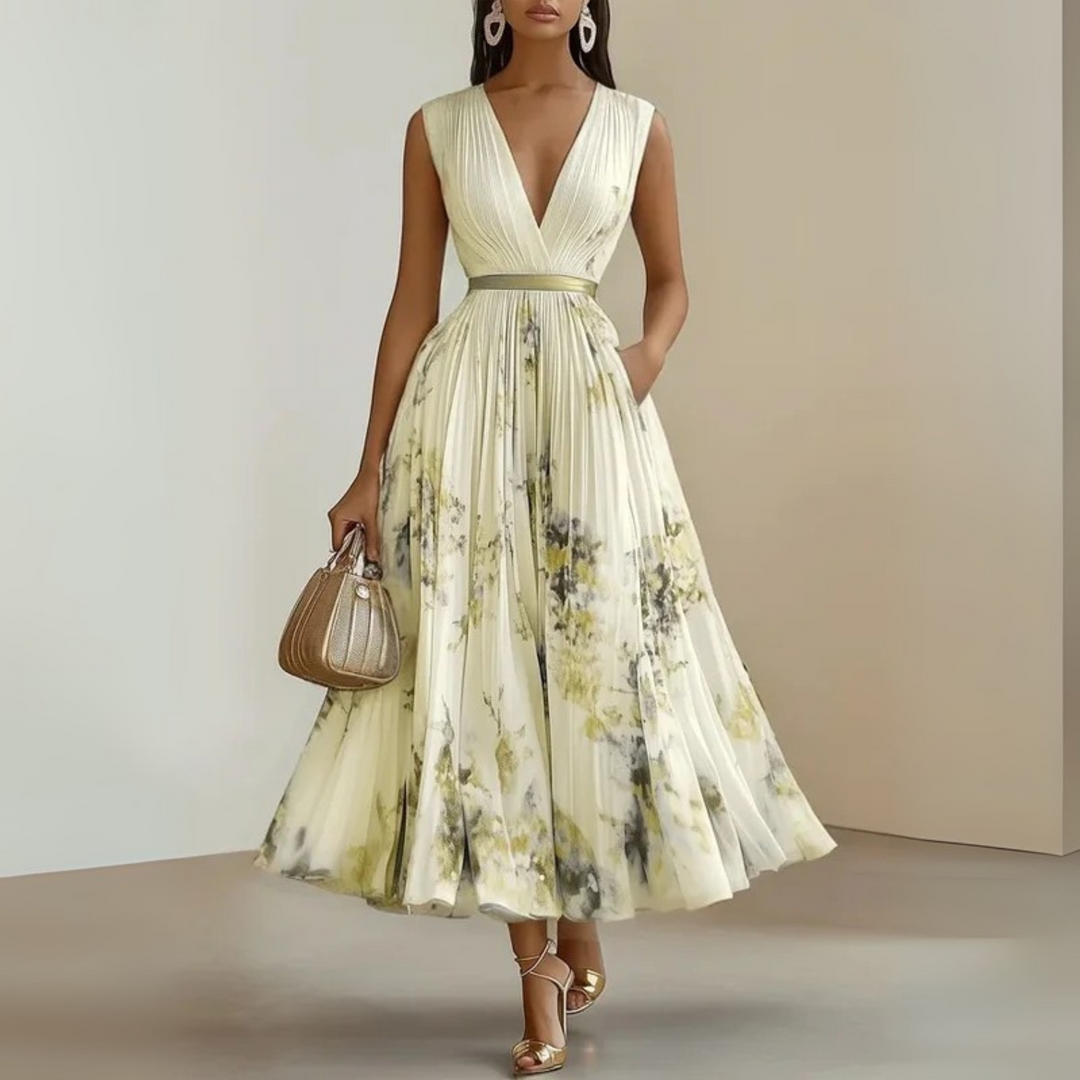 Vestido midi para mujer sin mangas con pliegues y estampado floral