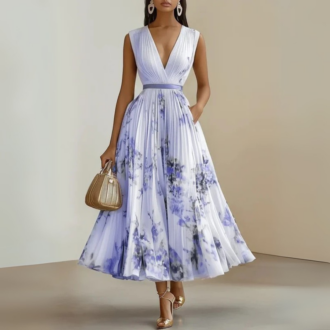 Vestido midi para mujer sin mangas con pliegues y estampado floral