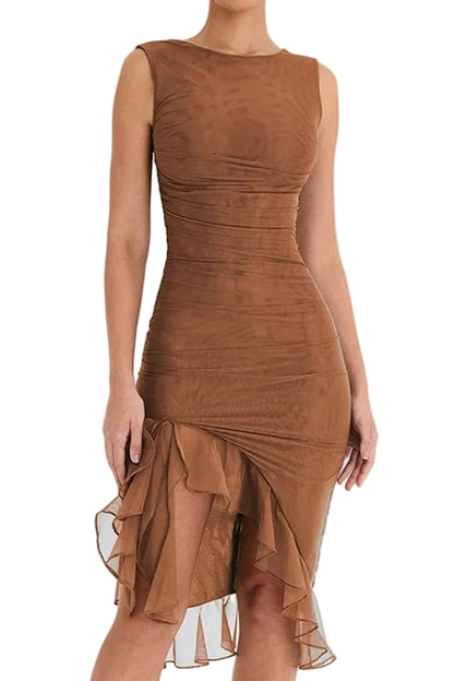 Vestido midi sin mangas para mujer con dobladillo asimétrico y volante
