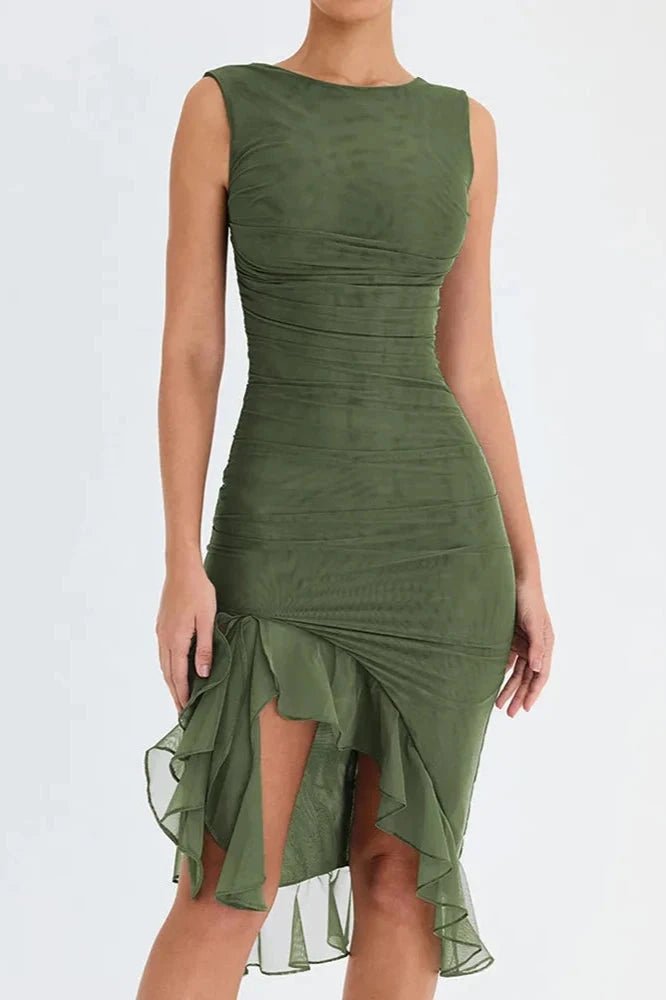 Vestido midi sin mangas para mujer con dobladillo asimétrico y volante
