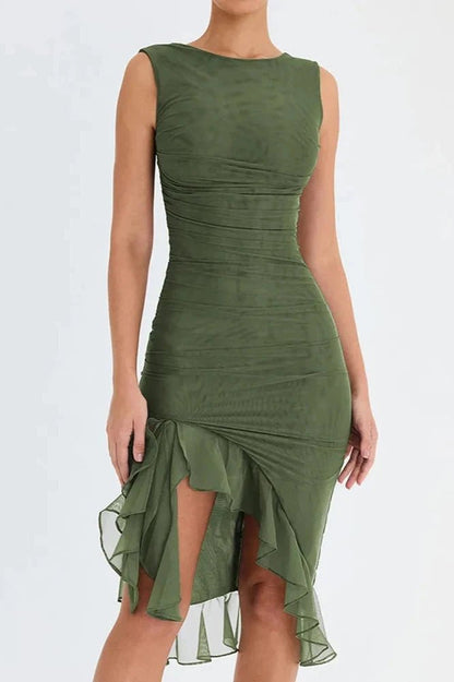 Vestido midi sin mangas para mujer con dobladillo asimétrico y volante