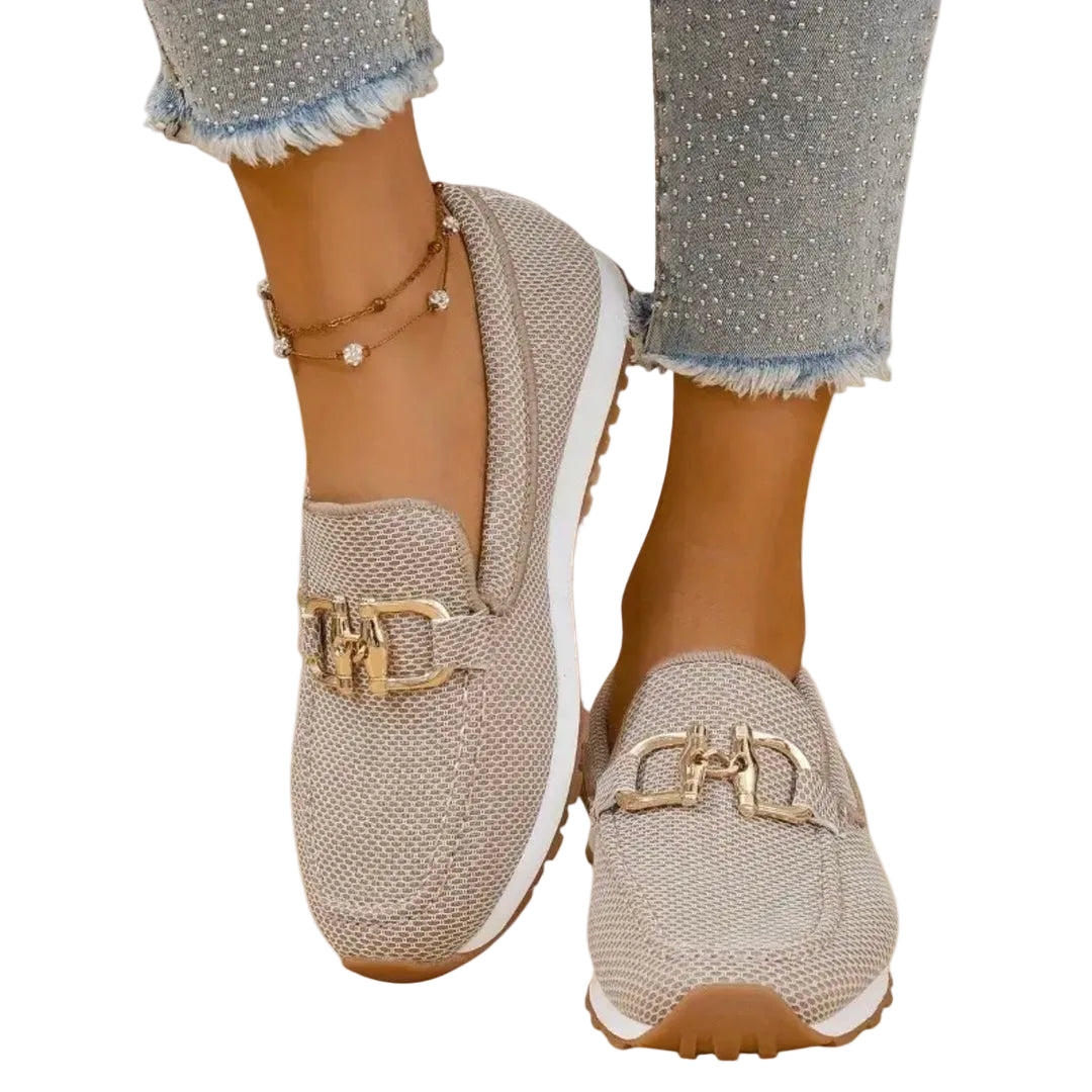 Zapatillas de malla sin cordones para mujer con hebilla metálica